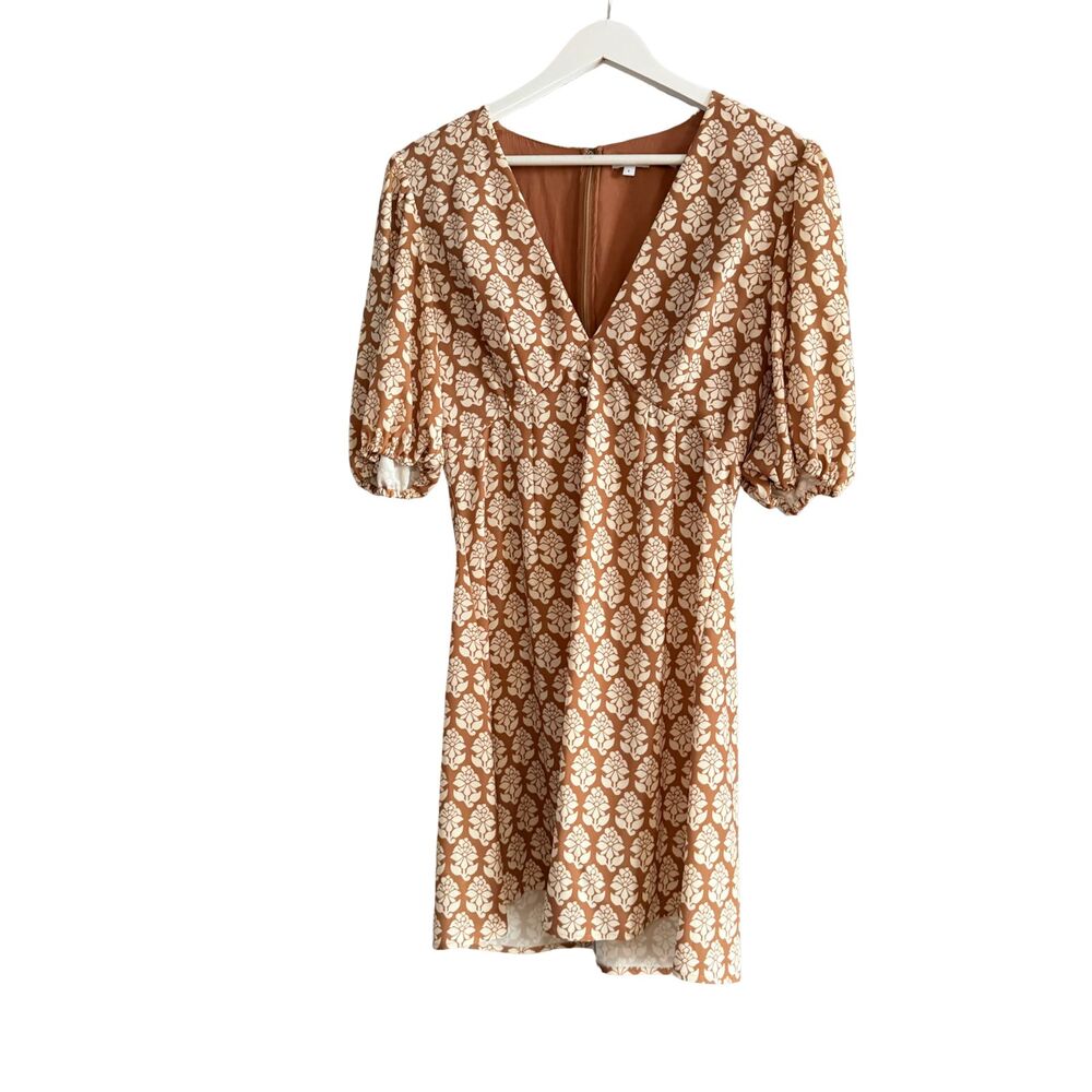 RHODE Mini Dress Brown Cream Floral Block Print V-Neck Puff Sleeve Size 8 NWOT